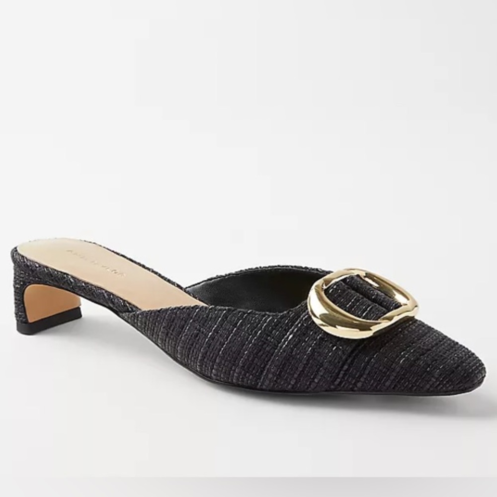 Ann Taylor Straw Gold Buckle Mule Kitten Heel